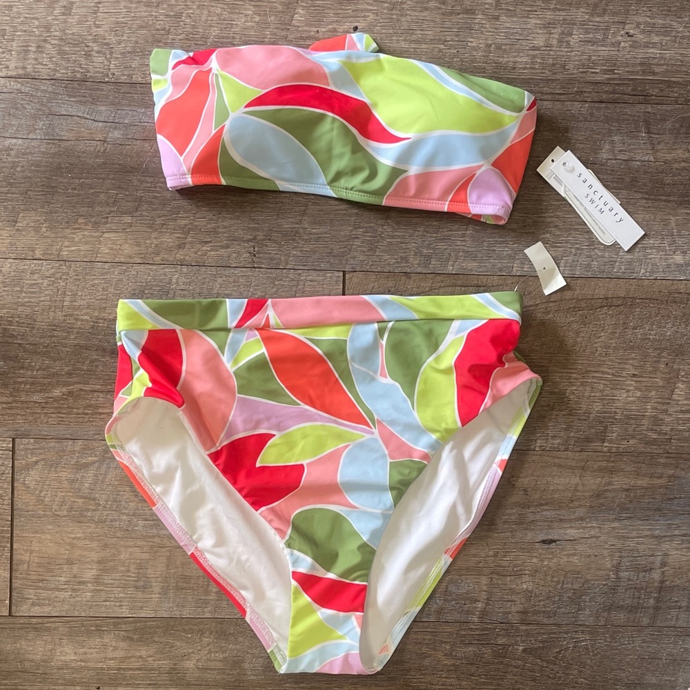 NWT Sanctuary Multicolor Strapless Bikini Top & High Waist Bikini Bottoms Set